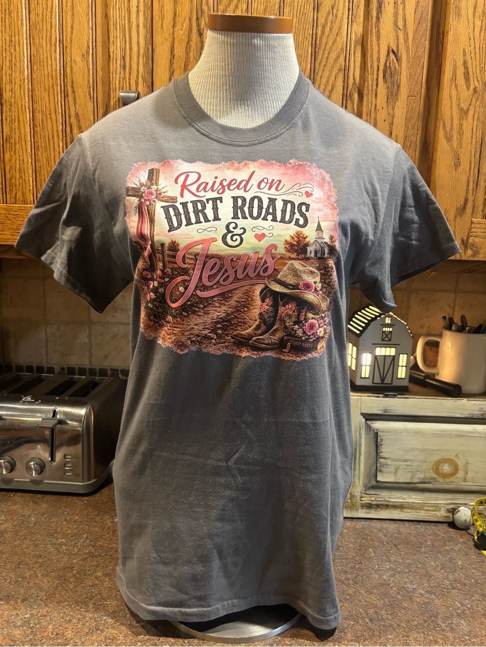 Gildan Gray 'Raised on Dirt Roads & Jesus' Graphic Tee